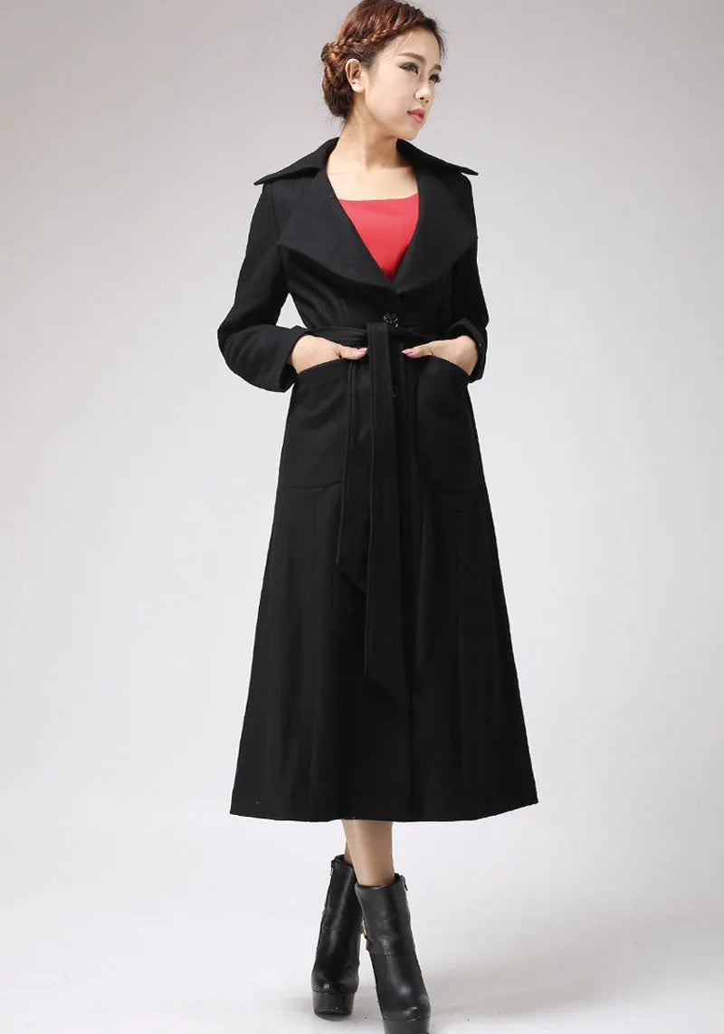 Handmade Black Wool Blend Coat – Elegant Long Winter Overcoat with Unique Collar 