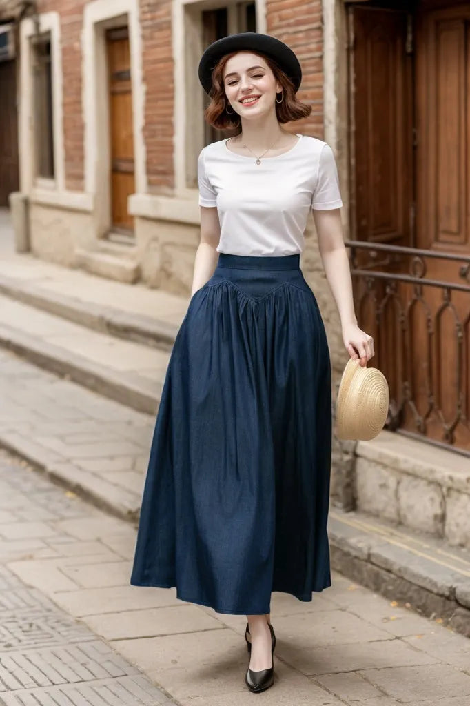 Navy Cotton Maxi Skirt - High Waist Pleated Two Pockets 