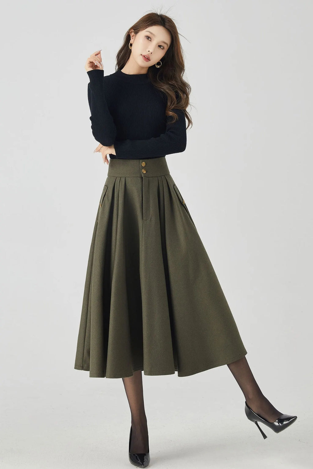 Army Green Wool Pleated Skirt - Elegant Below Knee Silhouette 4530