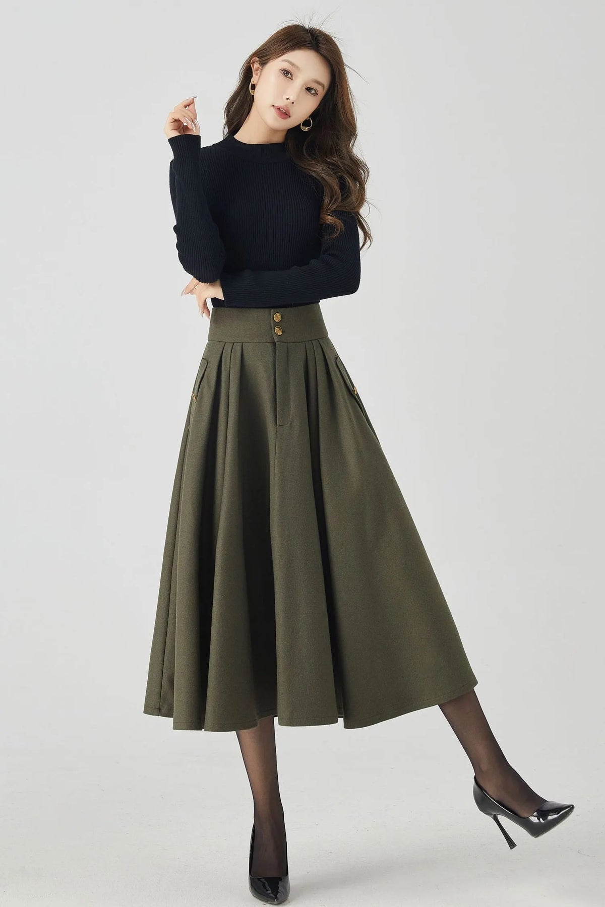 Army Green Wool Pleated Skirt - Elegant Below Knee Silhouette 4530