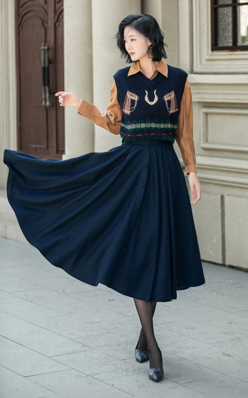 Navy Wool Midi Skirt - High Waist Flare Swing Silhouette 6338