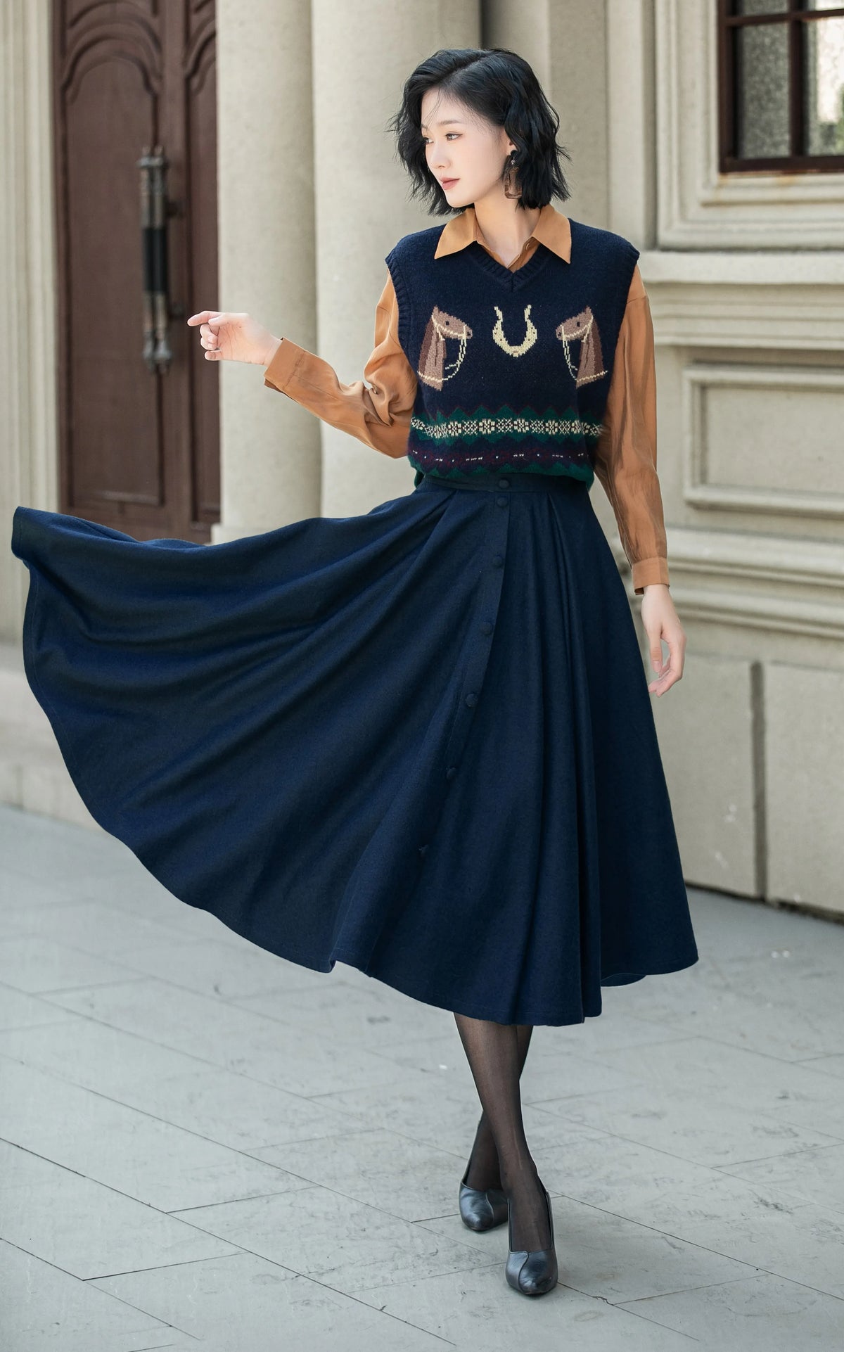 Navy Wool Midi Skirt - High Waist Flare Swing Silhouette 6338