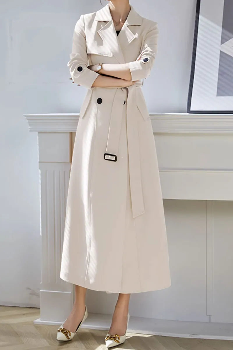 Camel Polyester Maxi Trench Coat - Tie Belt Waist, Lapel Collar 4600