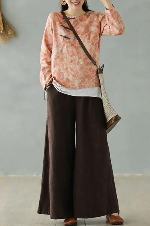 Brown Linen Blend Palazzo Pants - Elastic Waist, Wide Leg Relaxed Fit 2868