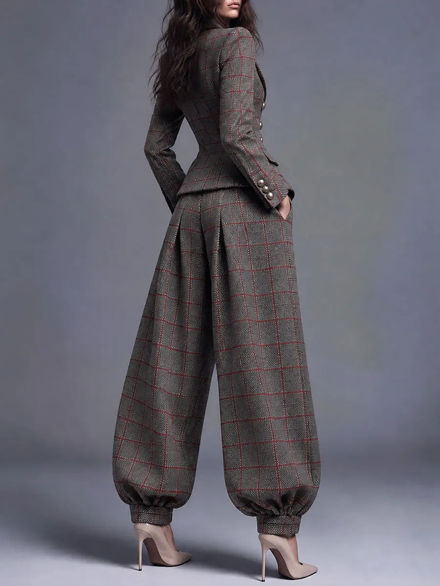 Retro Tailored Double-Breasted Plaid Blazer