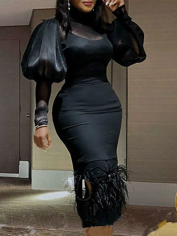 Elegant Puff Sleeve Solid Color Empire Feathers Slim Casual Midi Dress
