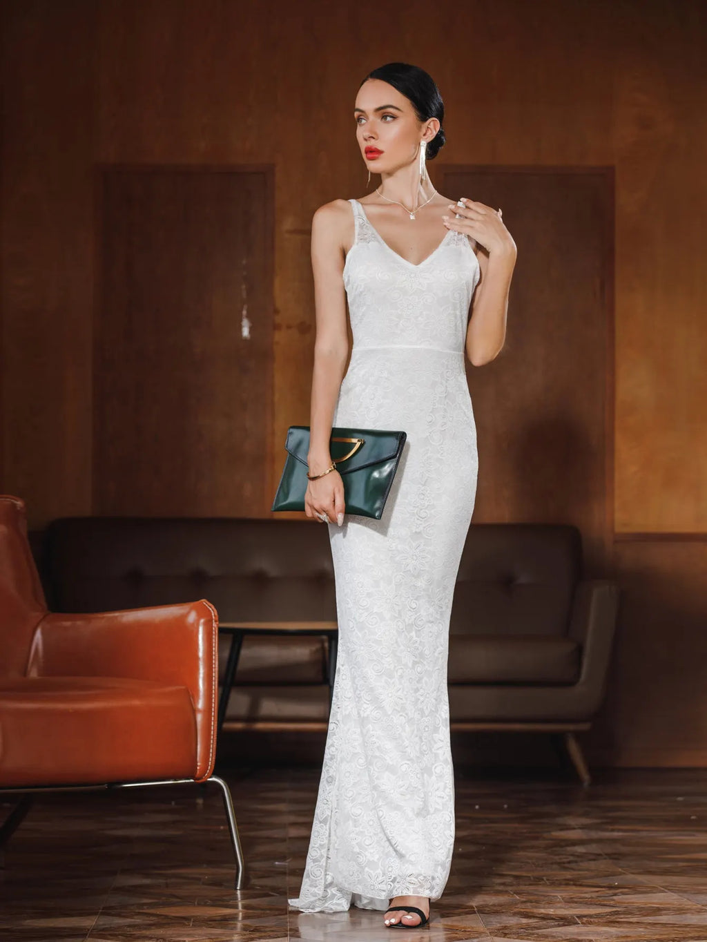 KittenAlarm - Women Lace Halter V Neck Sexy Evening Party Dress