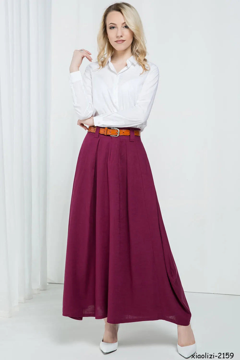 Handmade Linen Maxi Skirt – Wine Red Asymmetrical Long Skirt for Women 