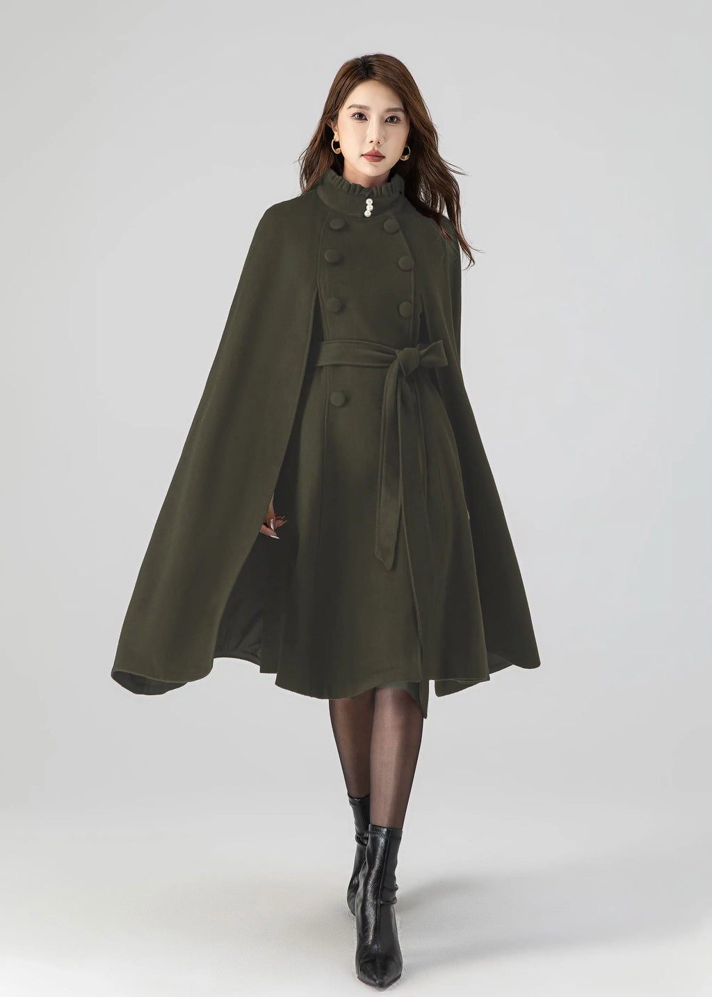 Army Green Wool Cape Coat – Women’s Vintage Stand Collar Cloak with Belt 5552