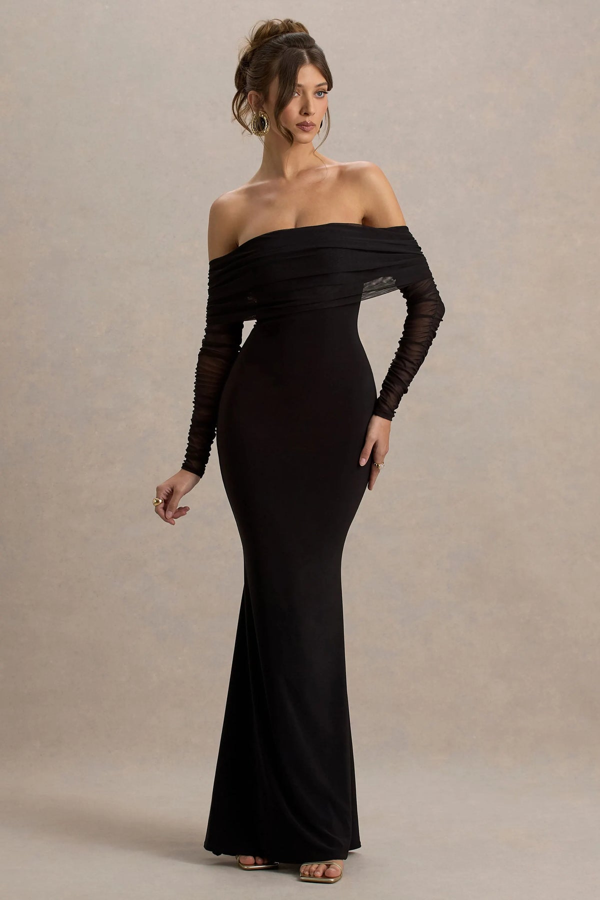 Madeleine | Black Fishtail Maxi Dress With Bardot Mesh Long Sleeves