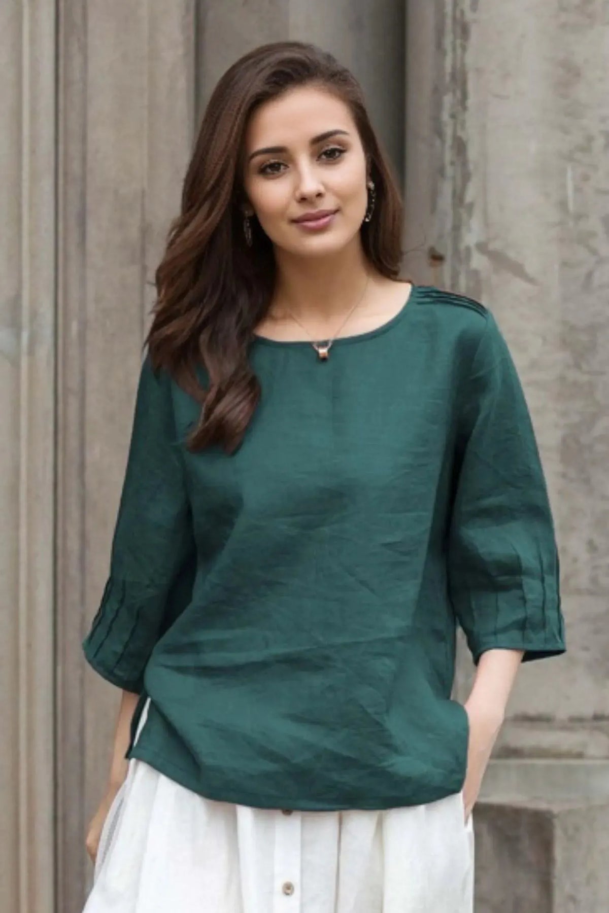 Green Linen Blouse - Loose Fit with Boat Neckline 5781