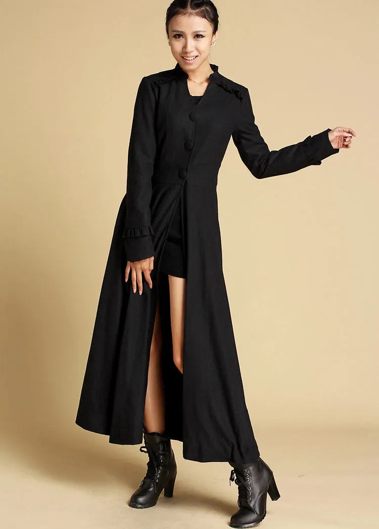 Handmade Wool Long Coat – Vintage Black Fit & Flare Winter Dress Coat 