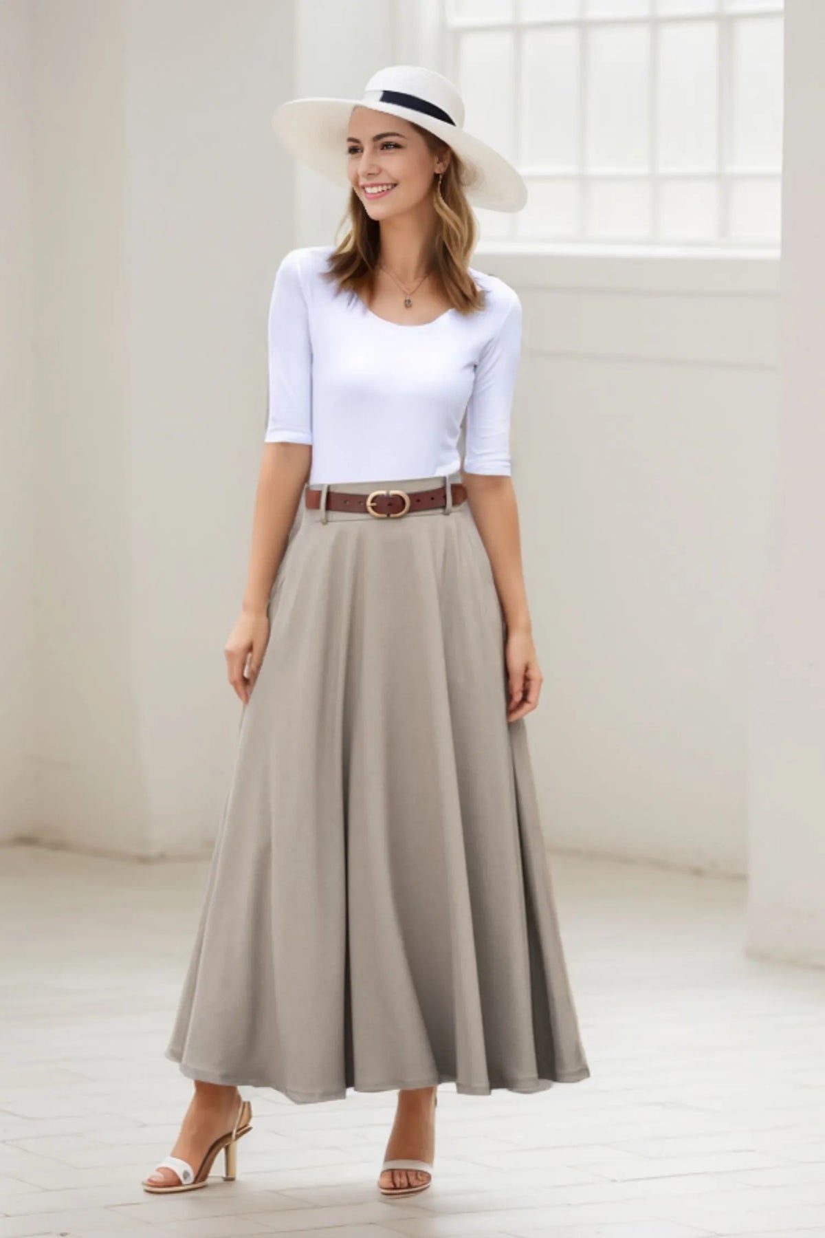 Khaki Cotton Linen Maxi Skirt – Vintage High Waist Long Skirt with Pockets 2783
