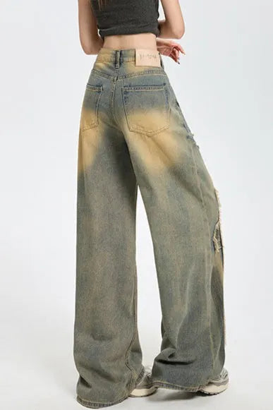 High Waist Distressed Wide Jeans