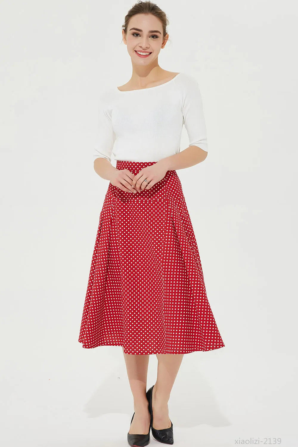 Red Polka Dot Linen Midi Skirt - High Waisted Pleated Flare 2139