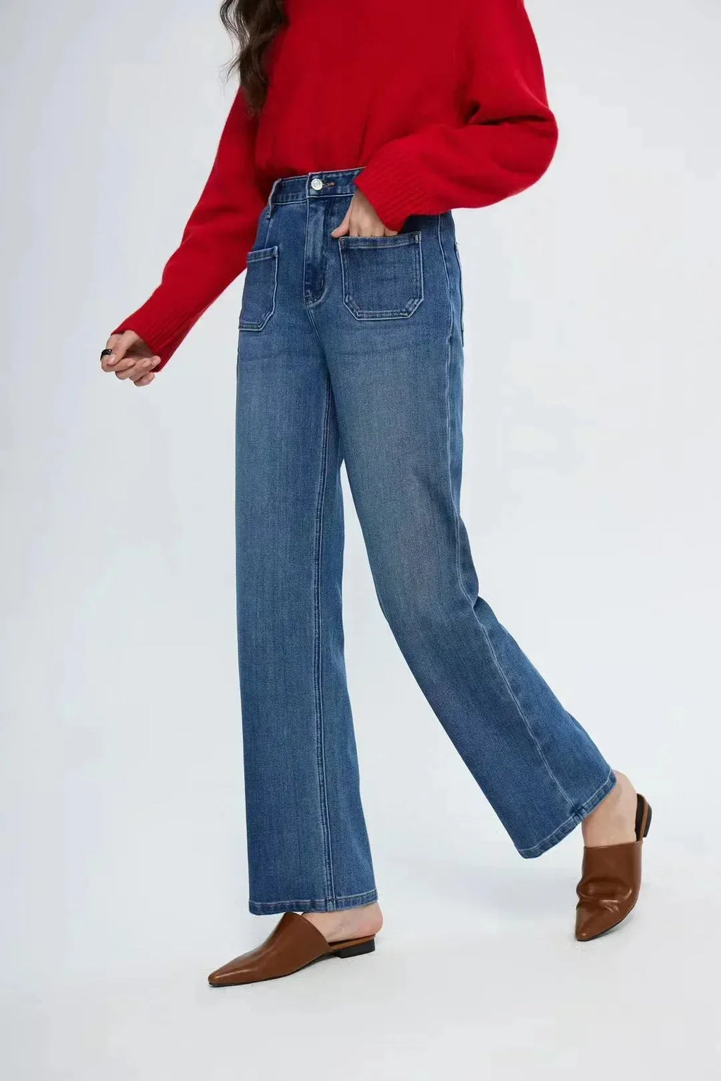 Pockets Women Temperament High Waist Straight Denim Pant Females Vintage Simple Streetwear Washed Chic New Jean