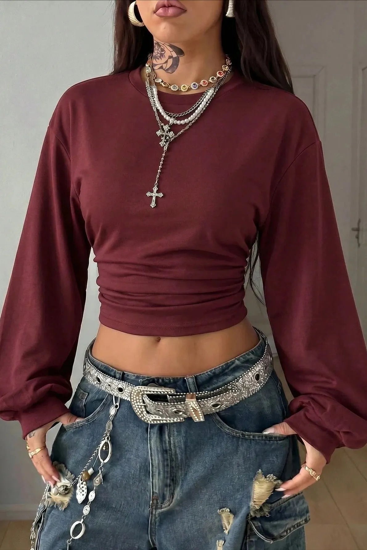Y2K Lantern Sleeve Crop Sweatshirts
