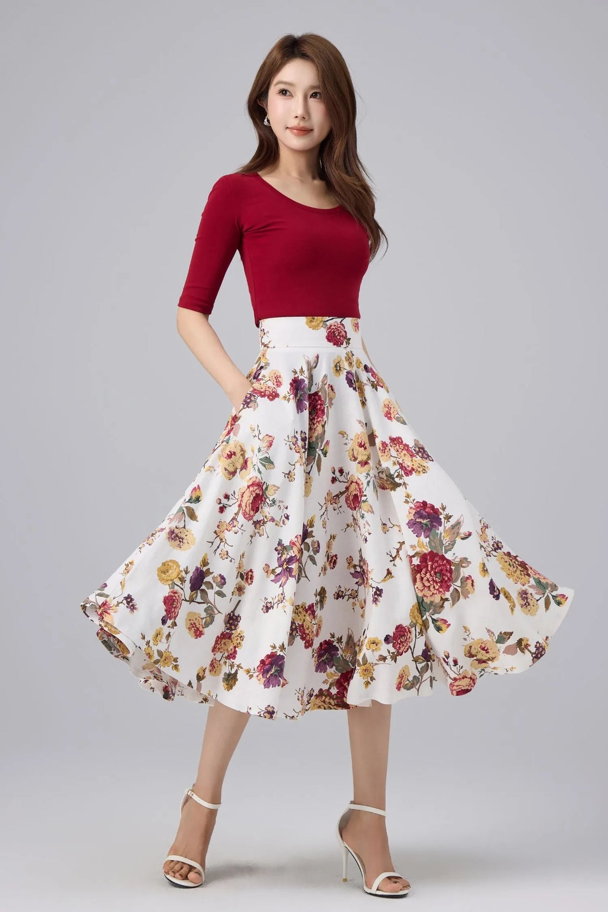 White Floral Cotton Linen Midi Skirt - High Waist, A-line Swing 