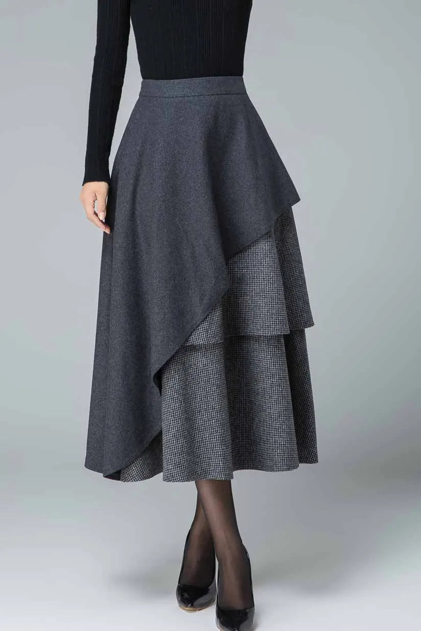 Gray Wool Layered Midi Skirt - Asymmetric Elegant Winter Wear 5409