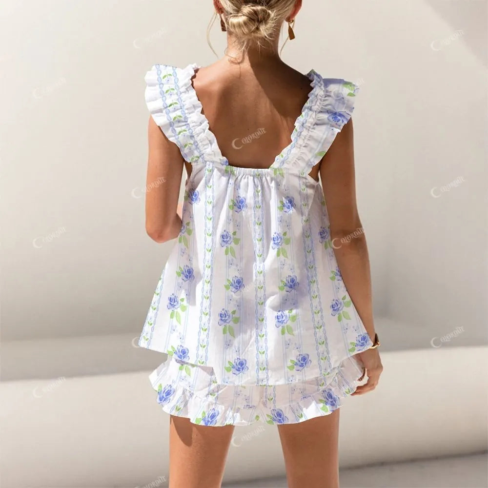 Colordate Blue Flower Print Short Tank Top Shorts Pajama Set