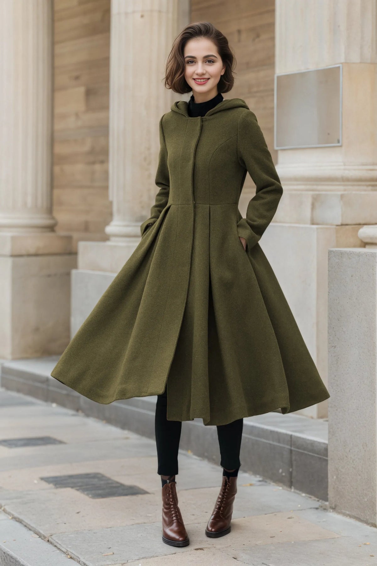 Green Wool Blend Midi Coat - Hooded A-Line Swing Silhouette 6381