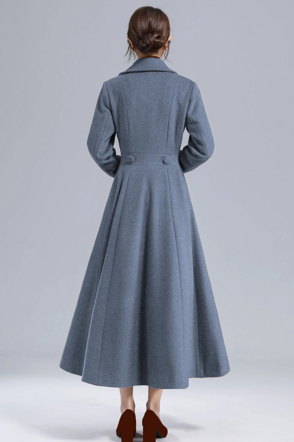 Blue Wool Long Coat - Fit and Flare Double Breasted 5496