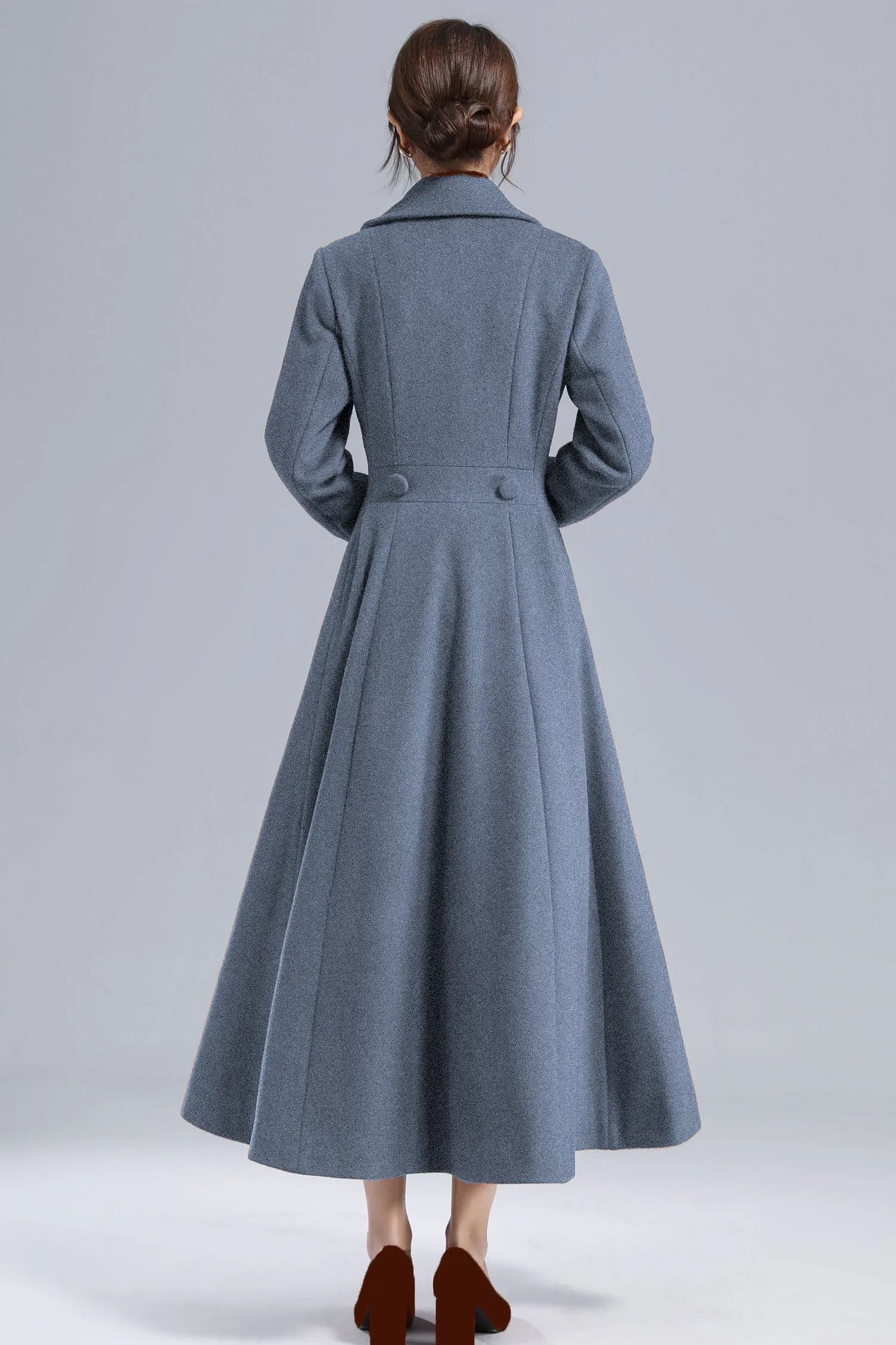 Blue Wool Long Coat - Fit and Flare Double Breasted 5496