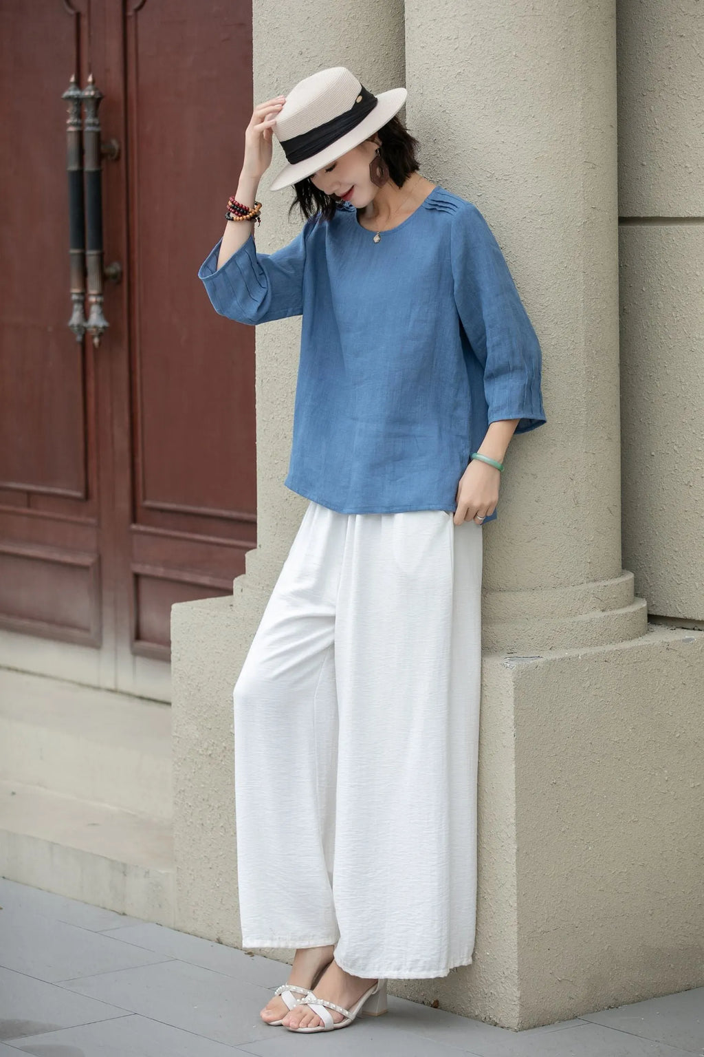 Blue Linen Blouse - Loose Fit with Boat Neckline 5221