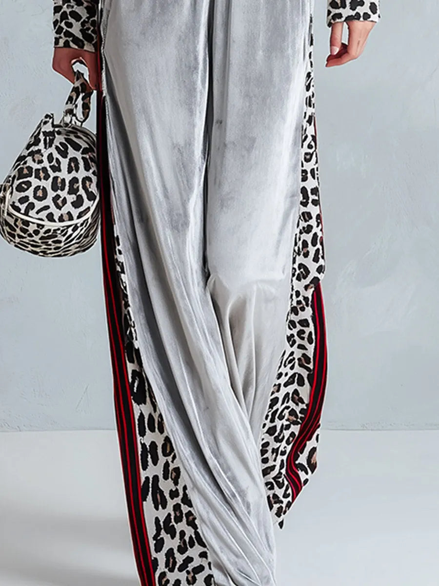 Chic Casual Striped & Leopard-Trimmed Grey Velour Jumpsuit