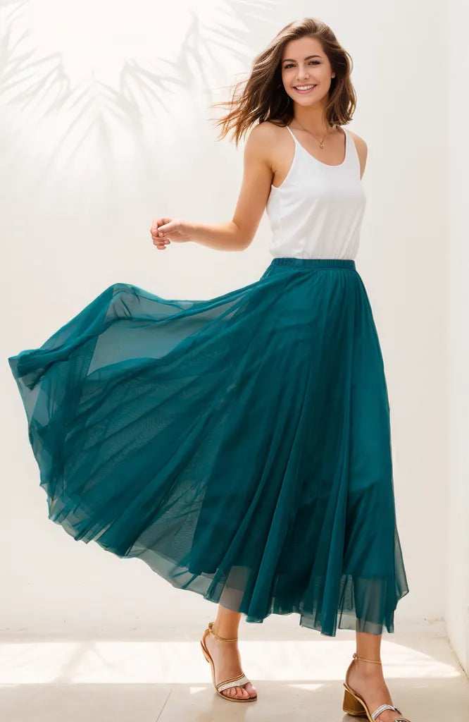 Boho Chiffon Midi Skirt, Elastic Waist Circle Skirt 