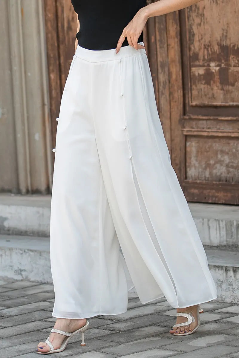 White Chiffon Wide-Leg Pants - High Waist Split 