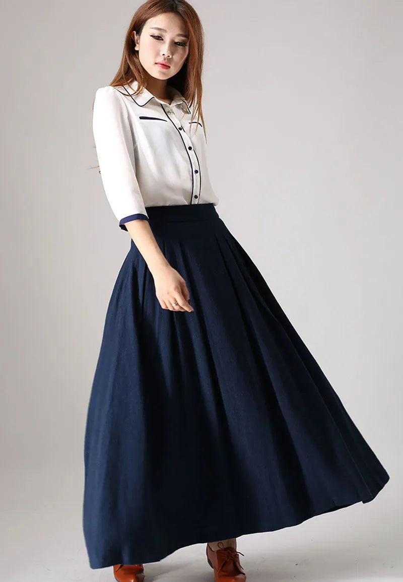 Navy Linen Cotton Maxi Skirt - High Waist A-Line Pleated Silhouette 855
