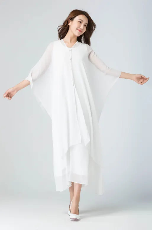 White Chiffon Maxi Dress – Handmade Flowy Cape Sleeve Vintage Elegance 1917
