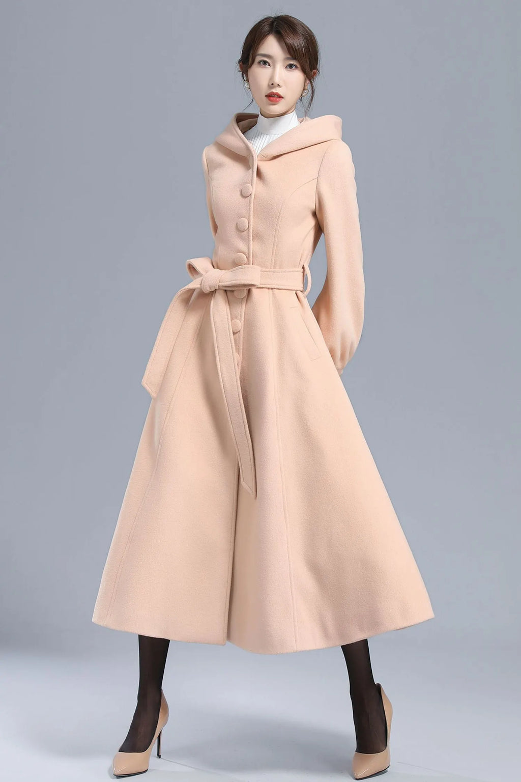 Handmade Wool Hooded Coat – Lantern Sleeve Belted Winter Long Overcoat 