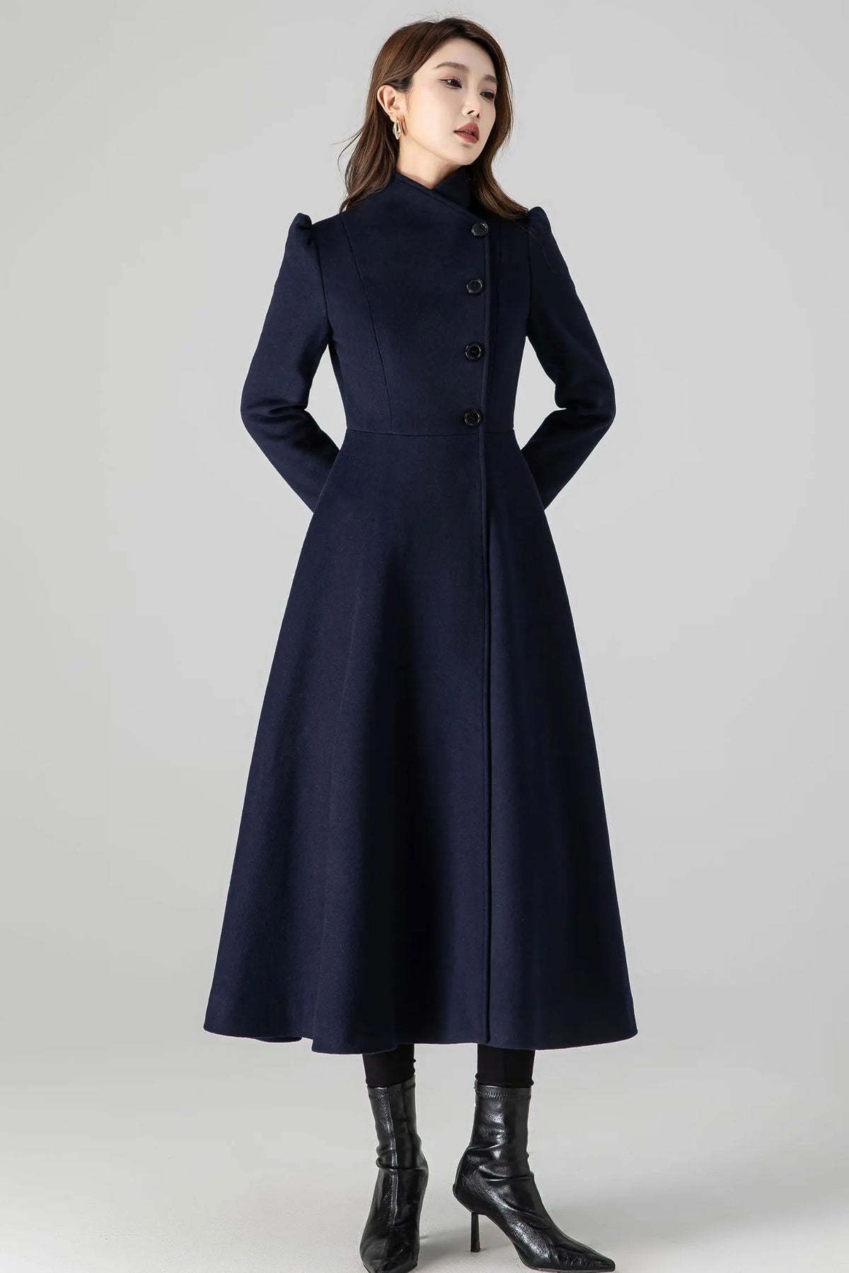 Dark Blue Wool Blend A-Line Coat - Long Silhouette with Pockets 4506