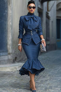 Elegant Denim 2-Piece Set with Bow Neck Jacket and Mermaid Skirt for Formal & Smart Occasions