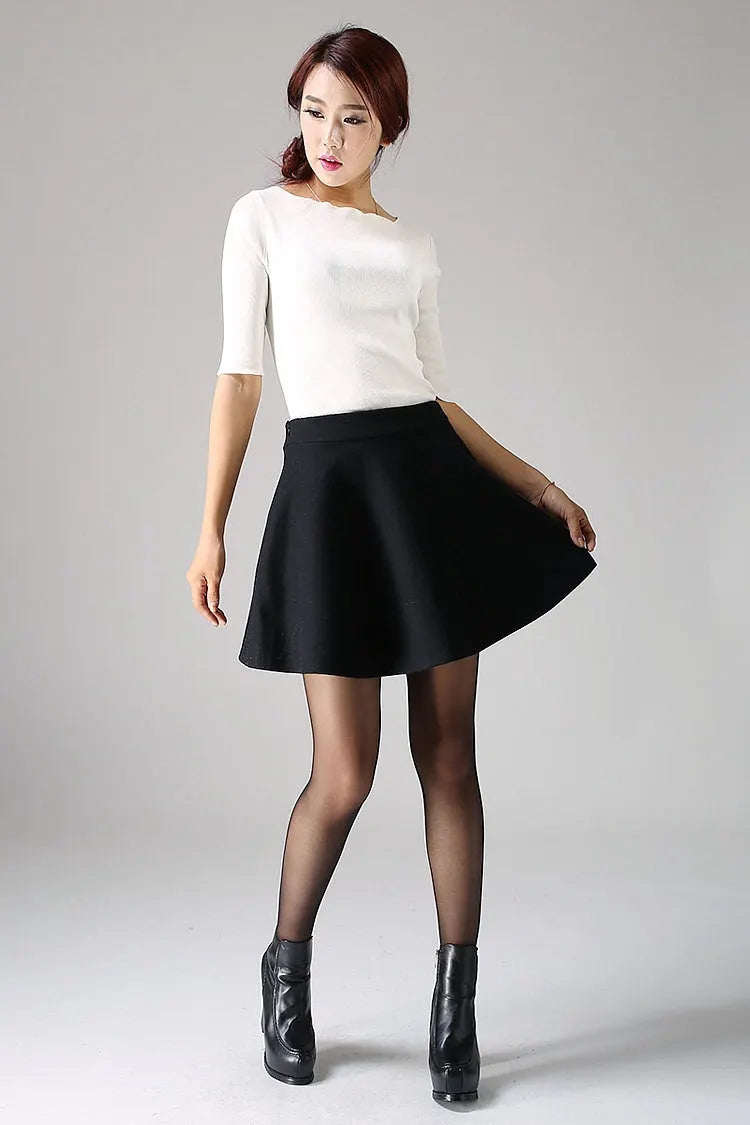 Gray Wool Mini Skirt - High Waist A-Line Flare 