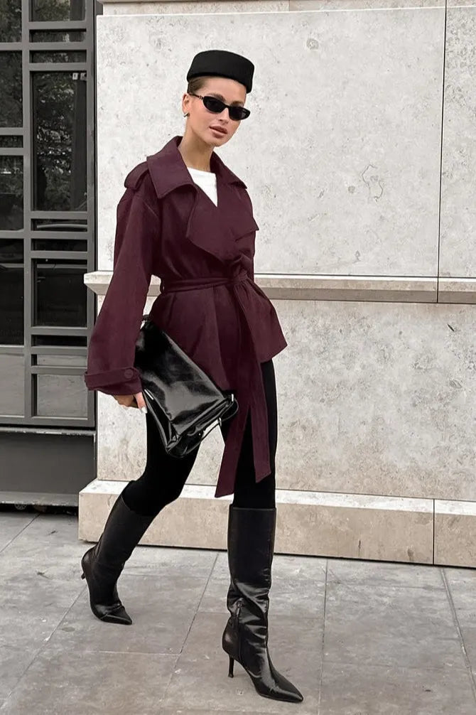 Suede Solid Tie Waist Thickened Warm Coat