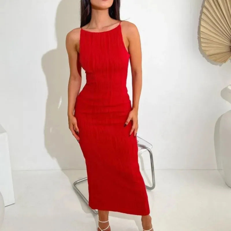 Women Long Ruched Sleeveless Slim Solid Summer Party Back Split Clubwear Female Maxi Dress