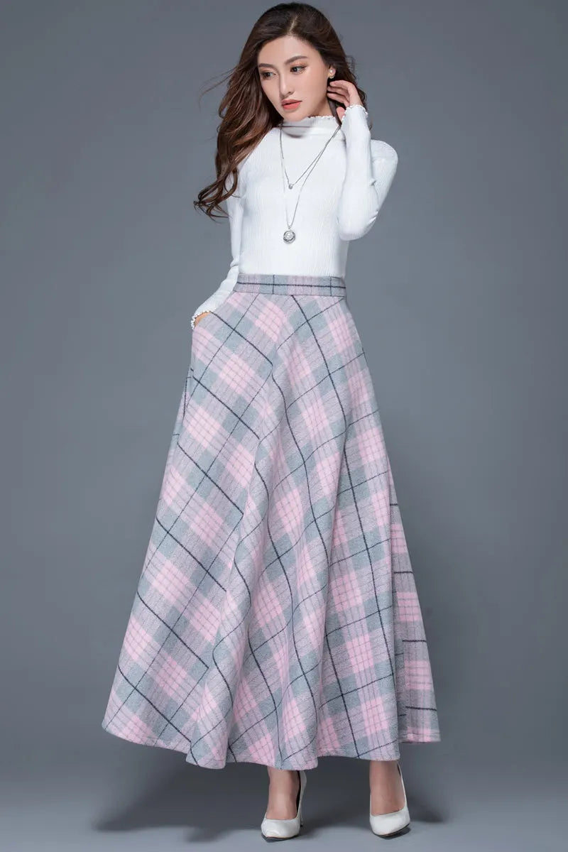 Plaid Wool Blend Maxi Skirt - A-Line Ankle Length with Pockets 3935
