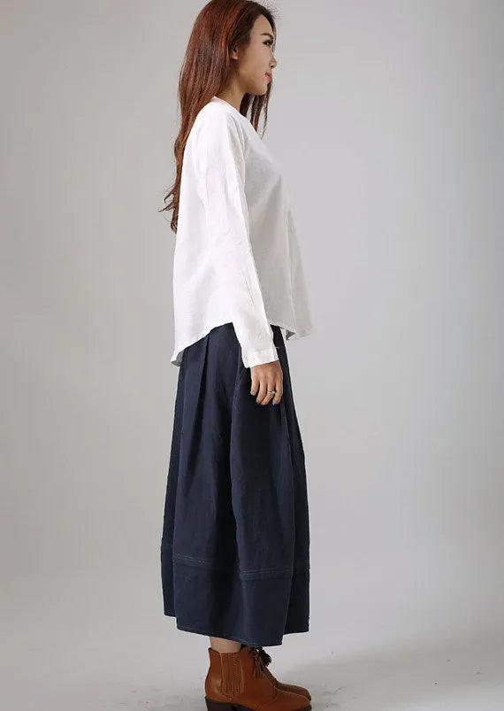 Navy Linen Blend Bubble Skirt - Above Ankle Length with Side Pockets 778