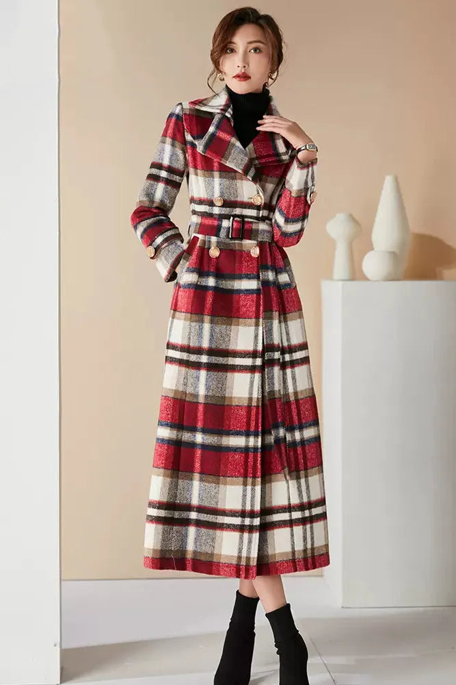 Handmade Plaid Wool Coat – Vintage Red Check Double-Breasted Long Belted Overcoat 