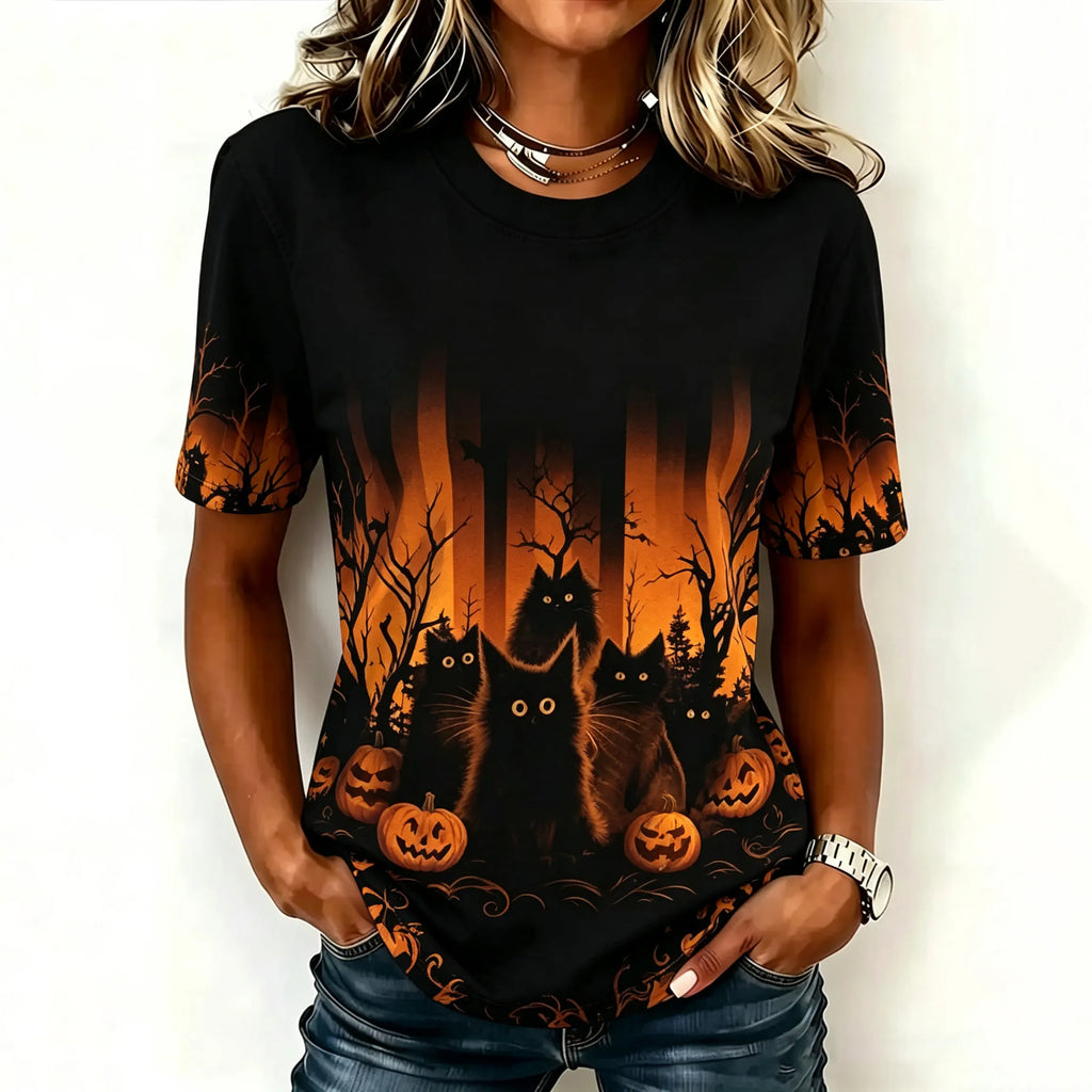 Women's Retro Halloween Black Cat Print T-shirt