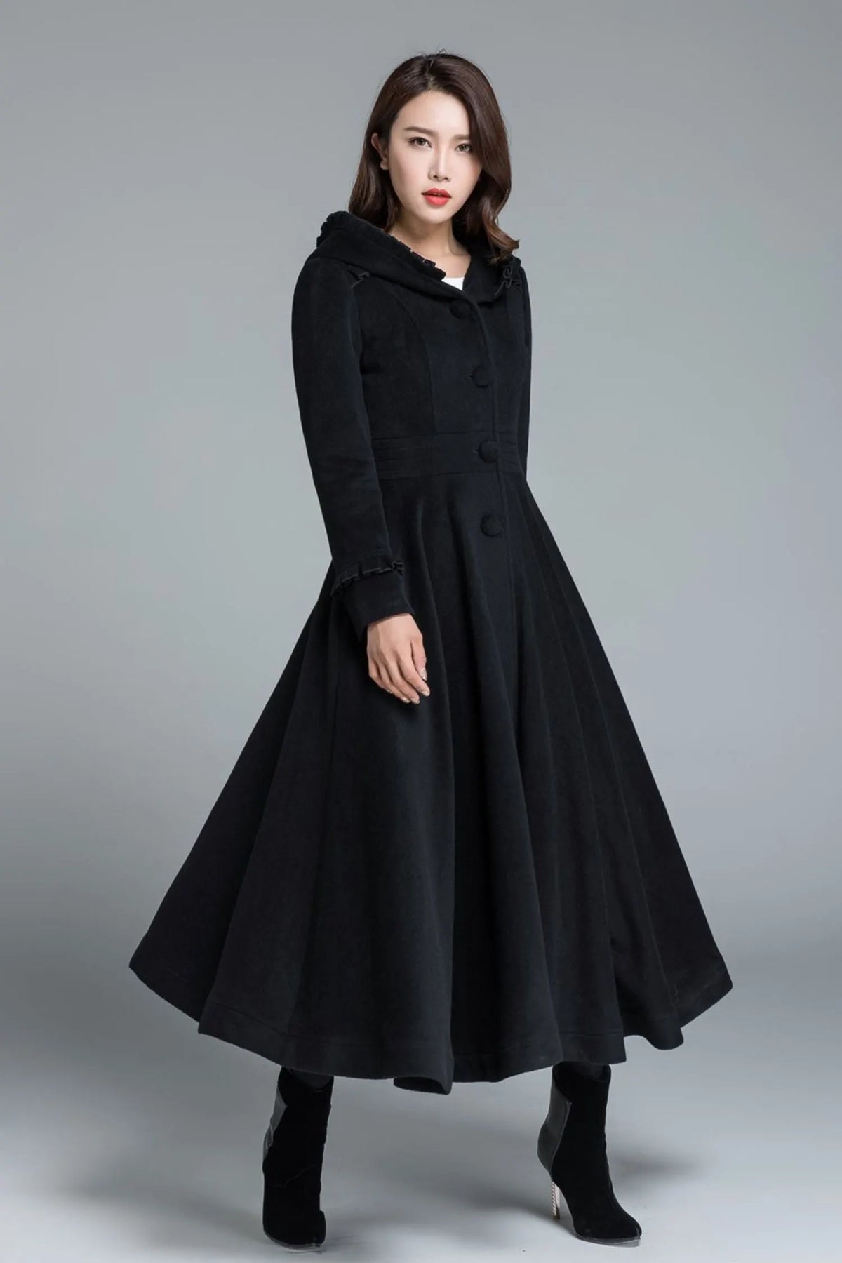 Black Wool Coat Maxi Dress - Hooded Fit and Flare Winter Overcoat 1649