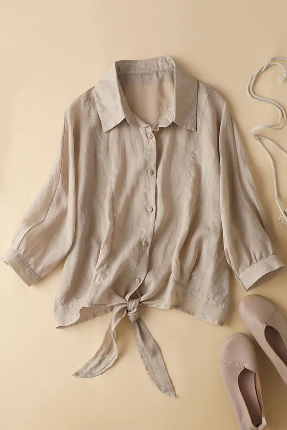 Apricot Linen Shirt Top - Loose Fit 3/4 Sleeve 