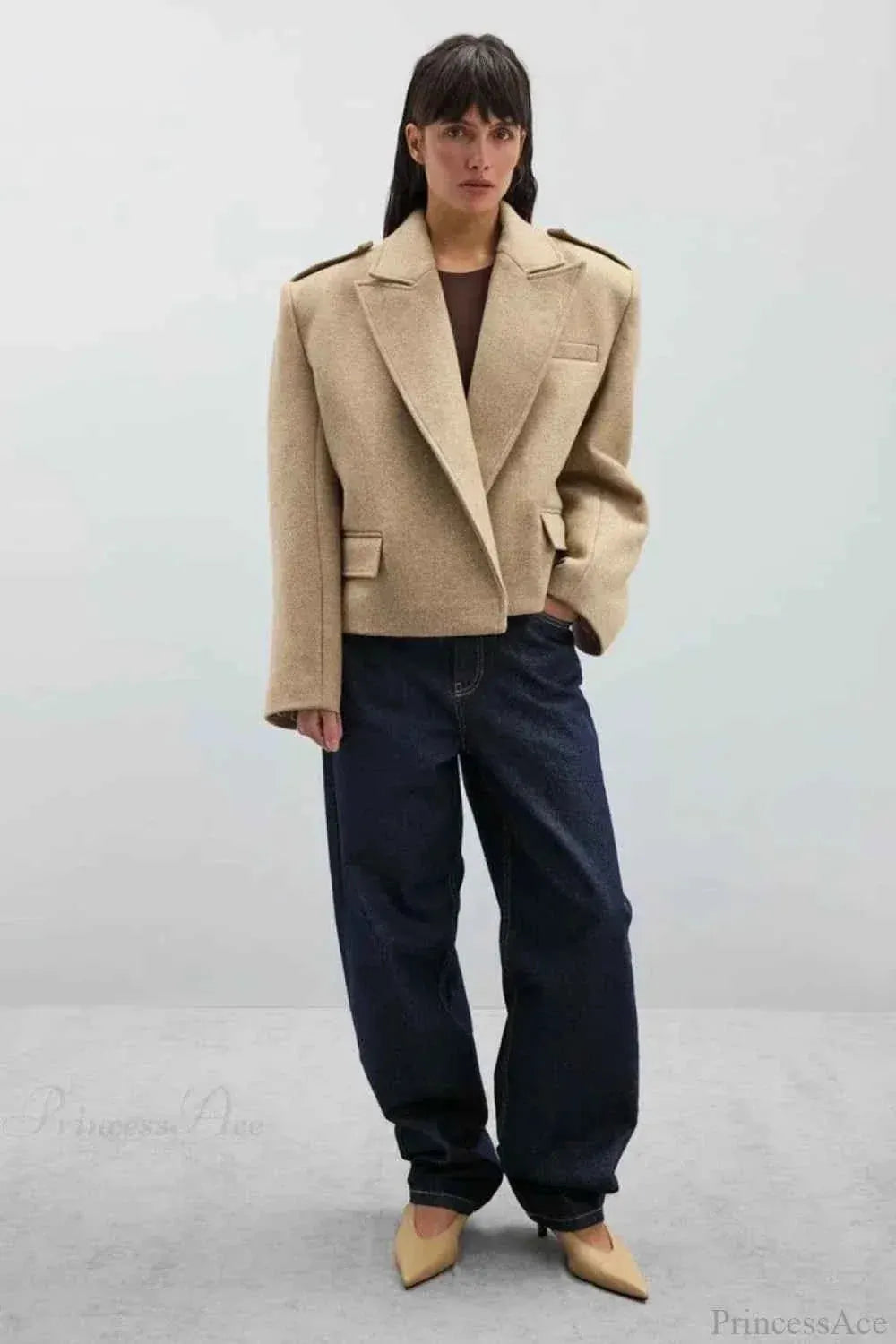 Structured Coat with Lapel Collar and Accentuated Shoulders