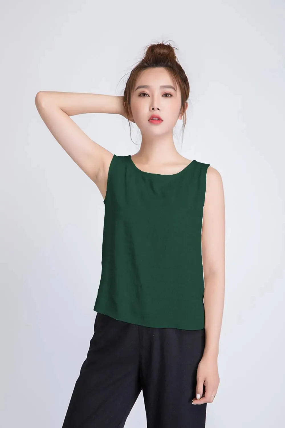Green Linen Tank Top for Women - Scoop Neck Relaxed Fit 5884