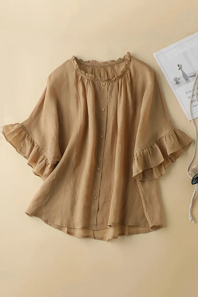 Green Linen Button-Up Top - Half Sleeve V-Neck 
