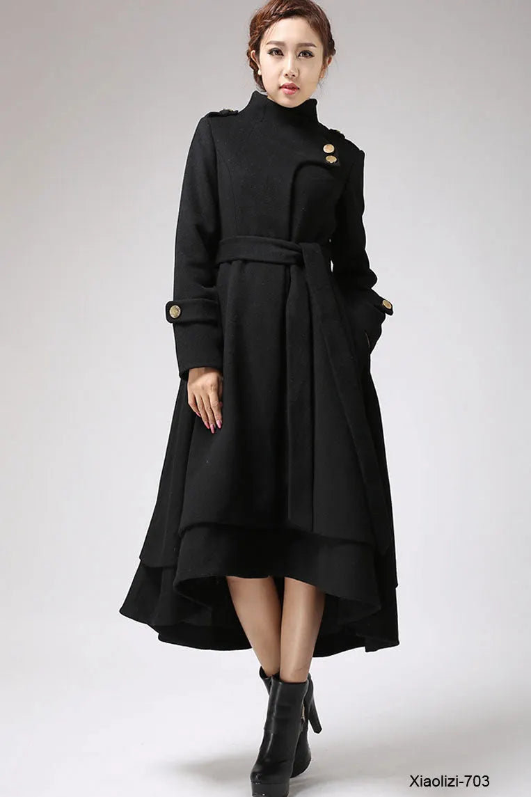 Vintage Dark Green Wool Blend Women's Coat – Military Collar & A-Line Hem 1112