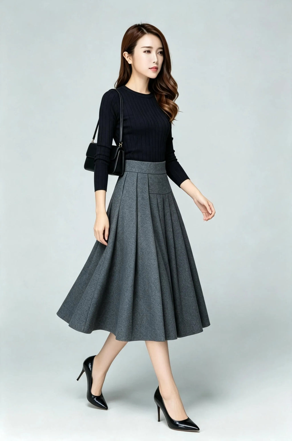 Gray Wool Blend A-Line Midi Skirt - High Waist Pleated Elegance 6926